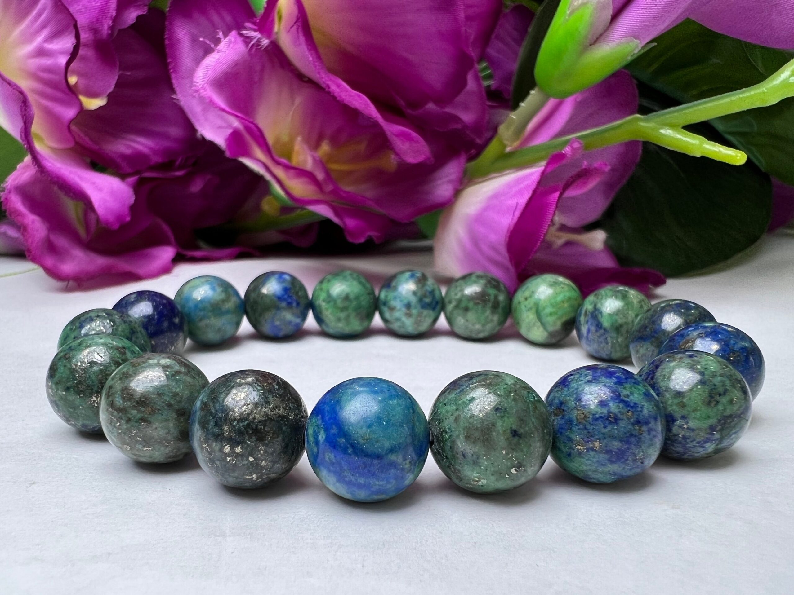 Azurite Malachite Round Beaded Bracelet 12 MM Stretch Bracelet