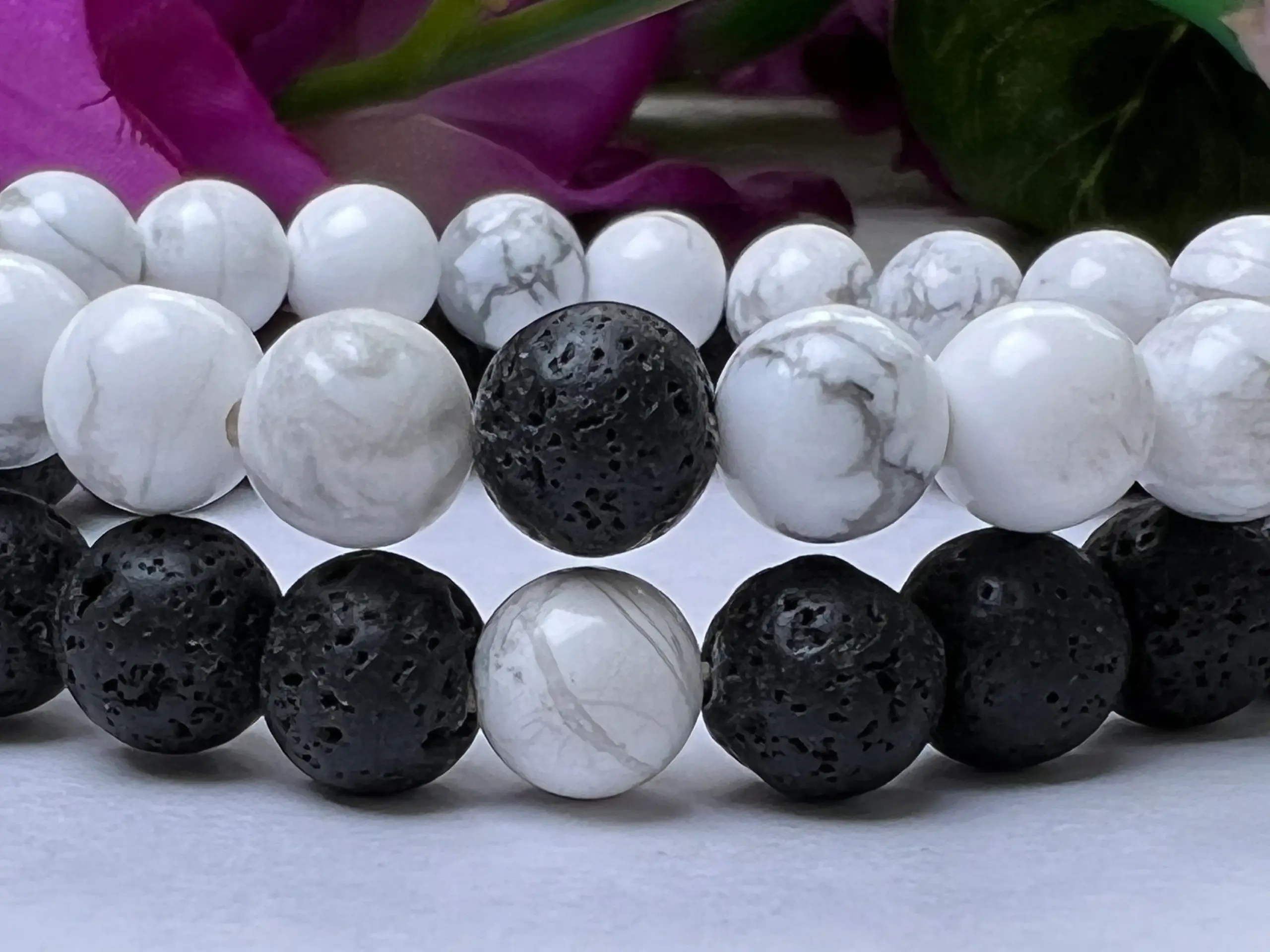 Natural Black Lava and  White Howlite Stone Round Beaded 8 MM Couple Bracelet 2-Pieces for Men and Women Bracelet, Gift Bracelet