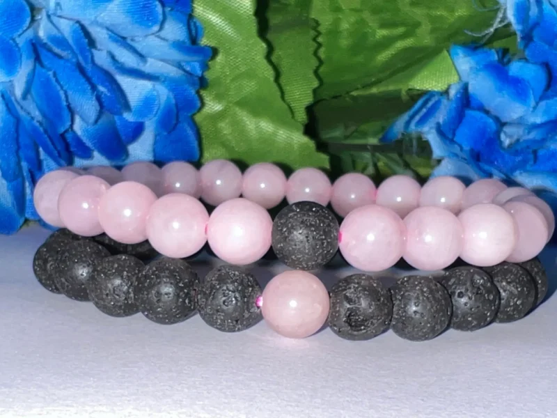 Lava & Rose Quartz Stone Bracelet Round Beaded 8 MM Couple Bracelet His Hers Couples Matching Set, 2-Pieces, Gift Bracelet - Image 4