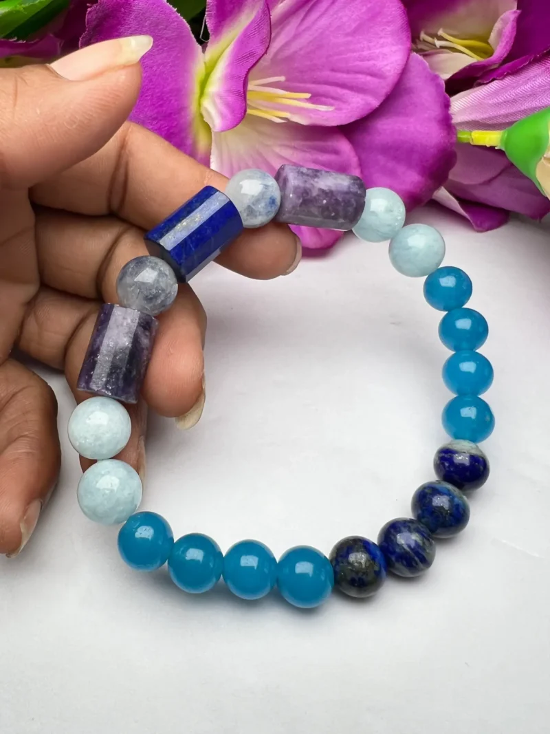 Serenity ,Patience, Communication, Stone Bracelet 8 MM Lapis lazuli , Dumortierite , Lepidolite ,Blue Chalcedony , Aquamarine - Image 4