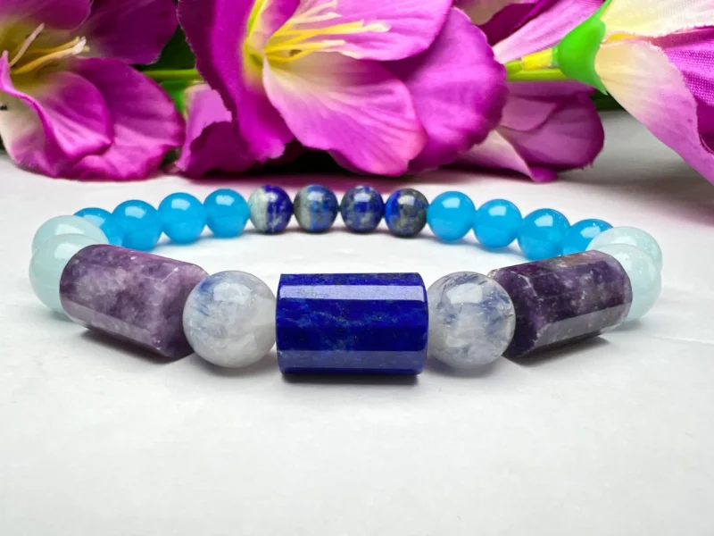 Serenity ,Patience, Communication, Stone Bracelet 8 MM Lapis lazuli , Dumortierite , Lepidolite ,Blue Chalcedony , Aquamarine - Image 5