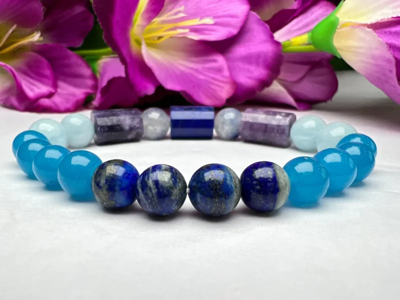 Serenity ,Patience, Communication, Stone Bracelet 8 MM Lapis lazuli , Dumortierite , Lepidolite ,Blue Chalcedony , Aquamarine - Image 6
