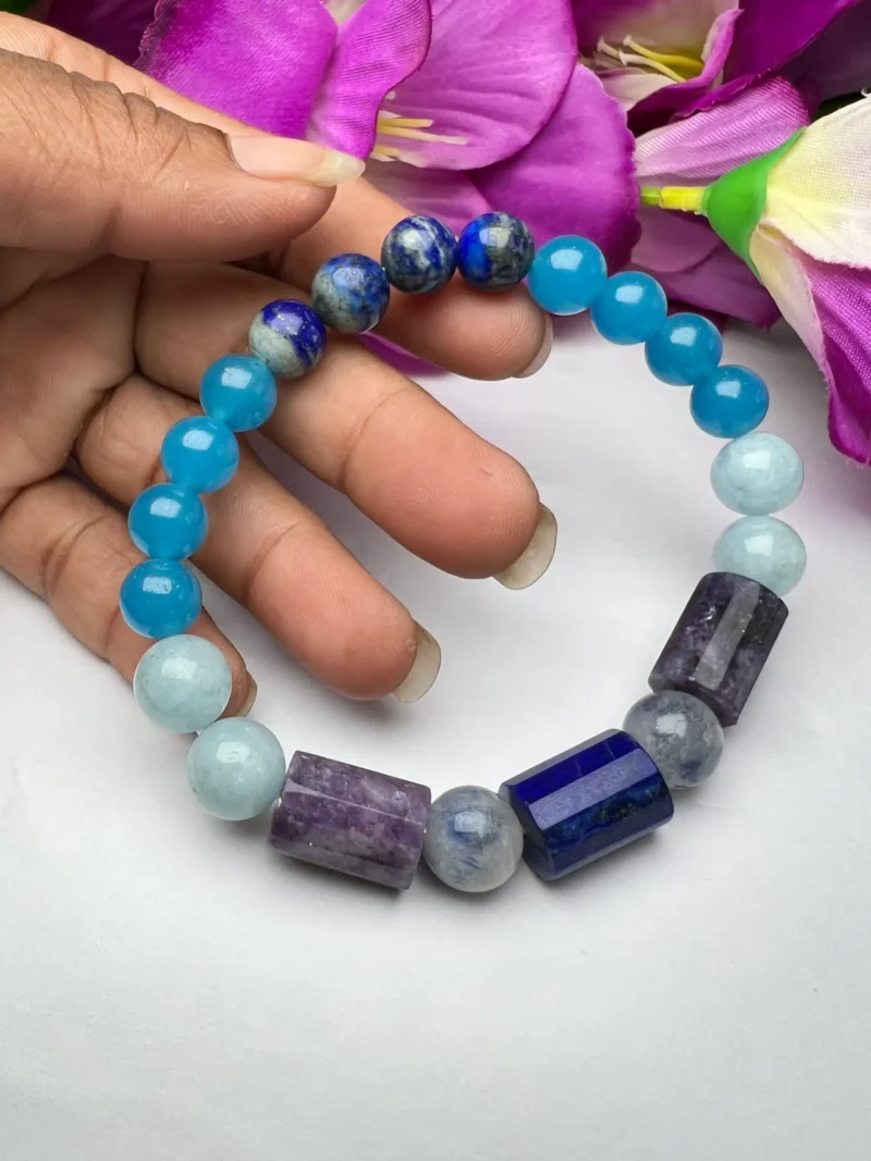 Serenity ,Patience, Communication, Stone Bracelet 8 MM Lapis lazuli , Dumortierite , Lepidolite ,Blue Chalcedony , Aquamarine - Image 7