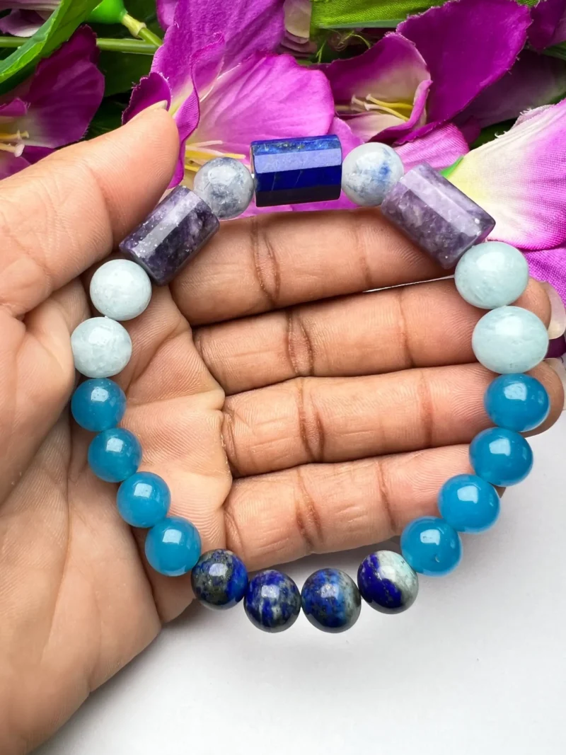 Serenity ,Patience, Communication, Stone Bracelet 8 MM Lapis lazuli , Dumortierite , Lepidolite ,Blue Chalcedony , Aquamarine - Image 8