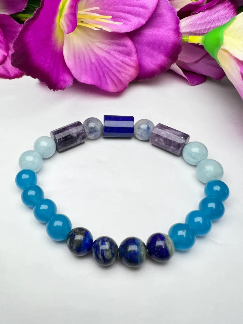 Serenity ,Patience, Communication, Stone Bracelet 8 MM Lapis lazuli , Dumortierite , Lepidolite ,Blue Chalcedony , Aquamarine - Image 9
