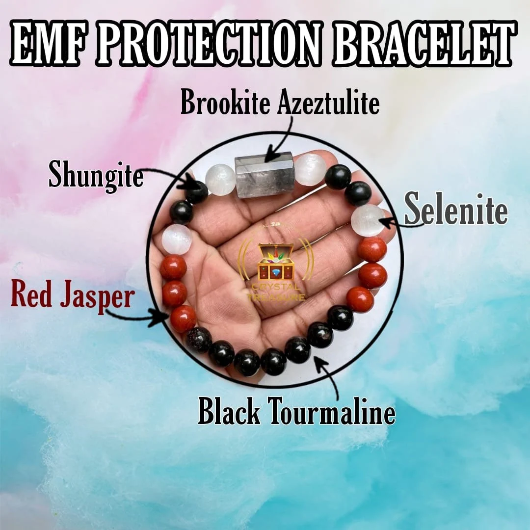 EMF Protection Stone Bracelet Brookite  , Shungite , Selenite ,Red Jasper , Black Tourmaline