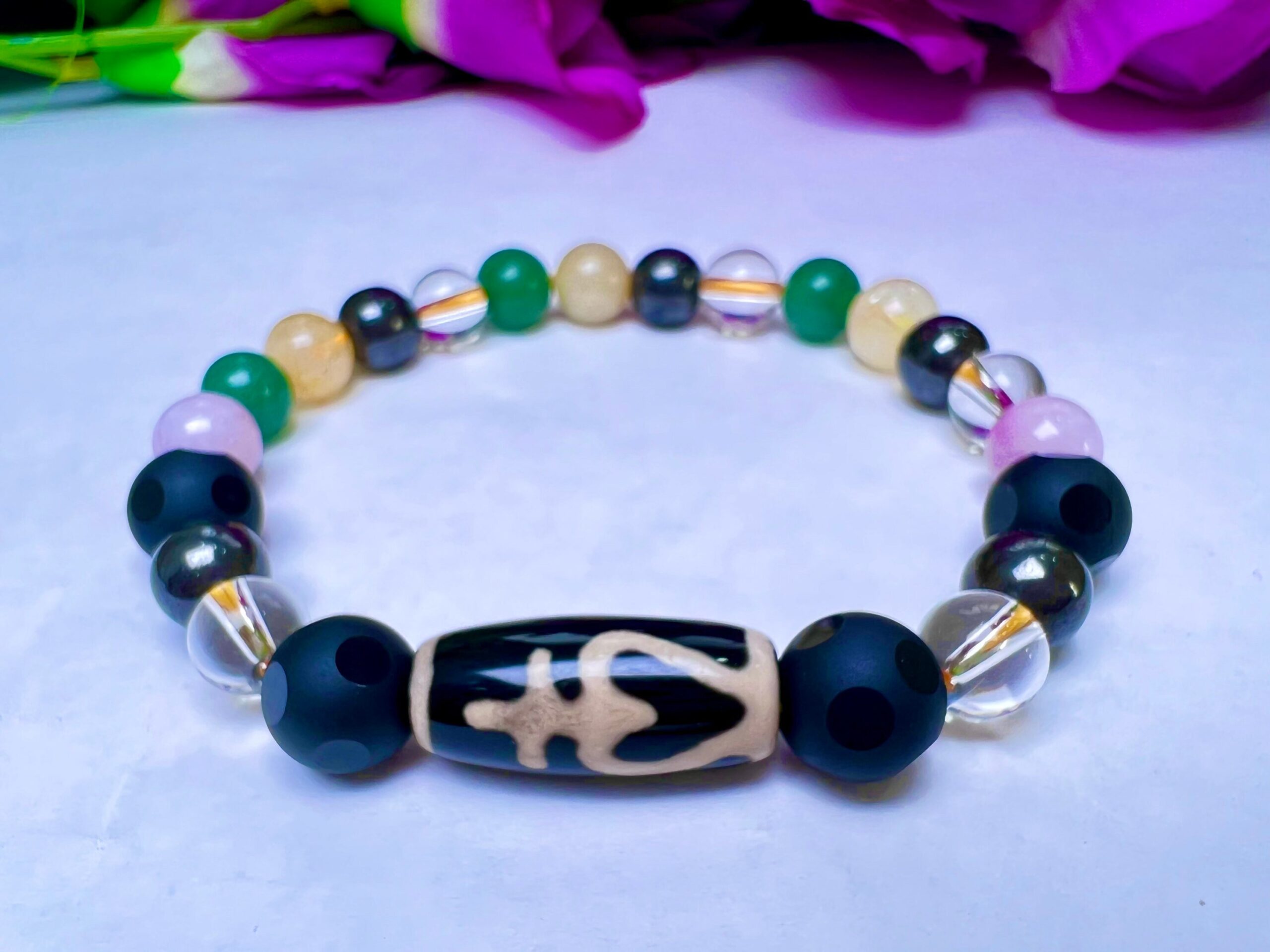 Manifestation Amulet Dzi Beads Stone Bracelet Kunzite , Rainbow Obsidian ,Citrine ,Himalaya Crystal ,Magnetite, Green Aventurine - Image 5