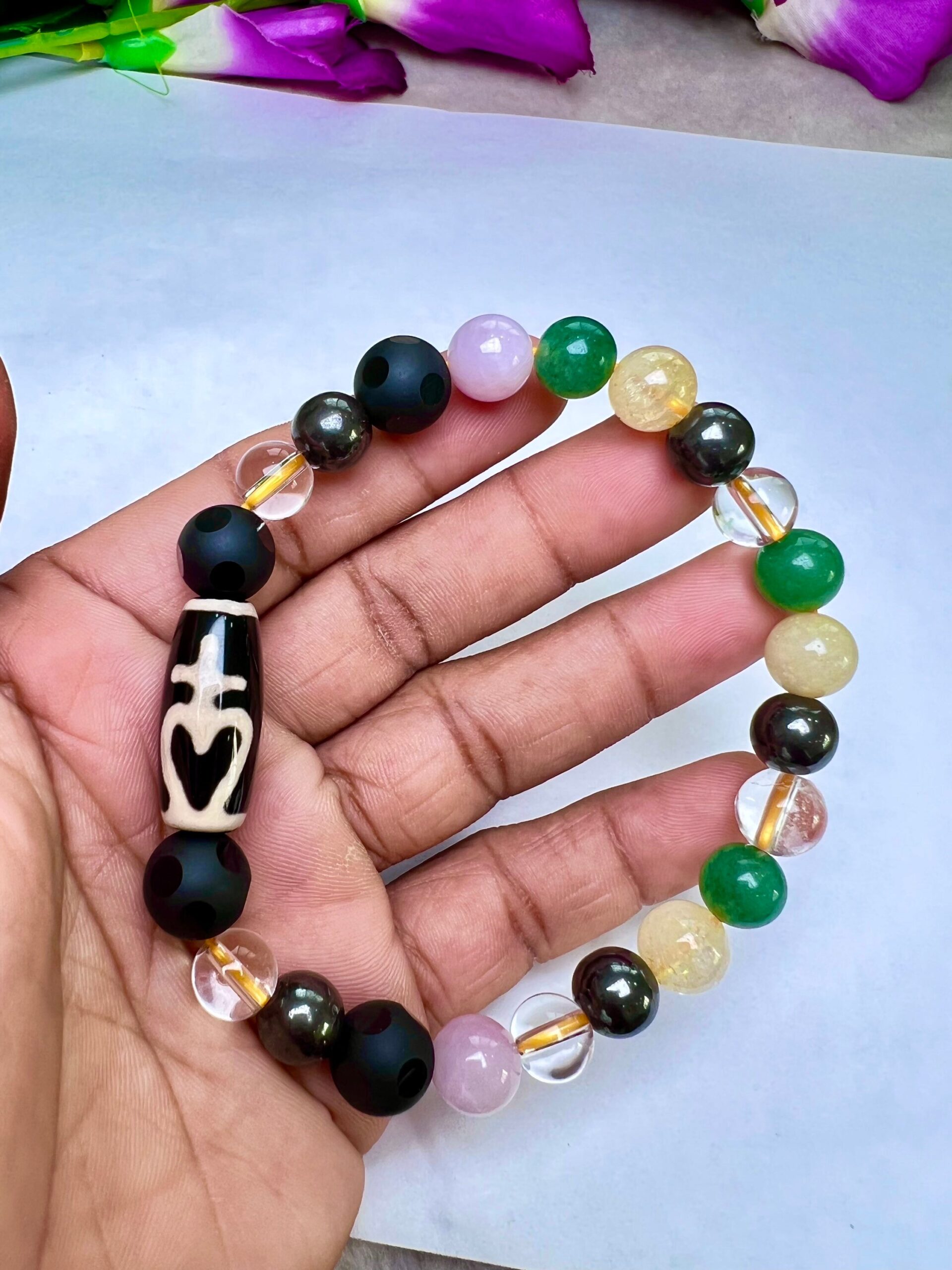 Manifestation Amulet Dzi Beads Stone Bracelet Kunzite , Rainbow Obsidian ,Citrine ,Himalaya Crystal ,Magnetite, Green Aventurine - Image 6