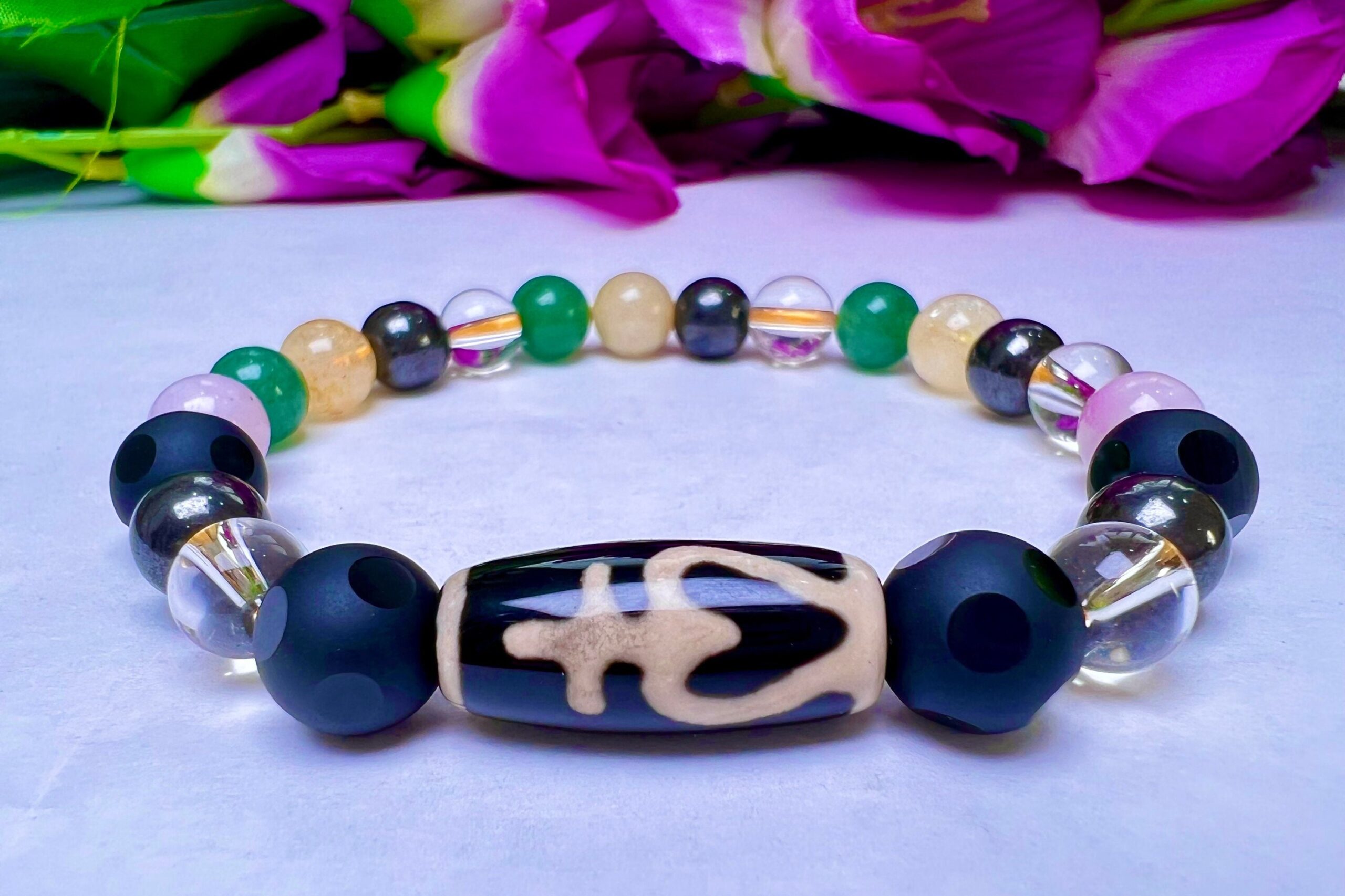 Manifestation Amulet Dzi Beads Stone Bracelet Kunzite , Rainbow Obsidian ,Citrine ,Himalaya Crystal ,Magnetite, Green Aventurine - Image 7