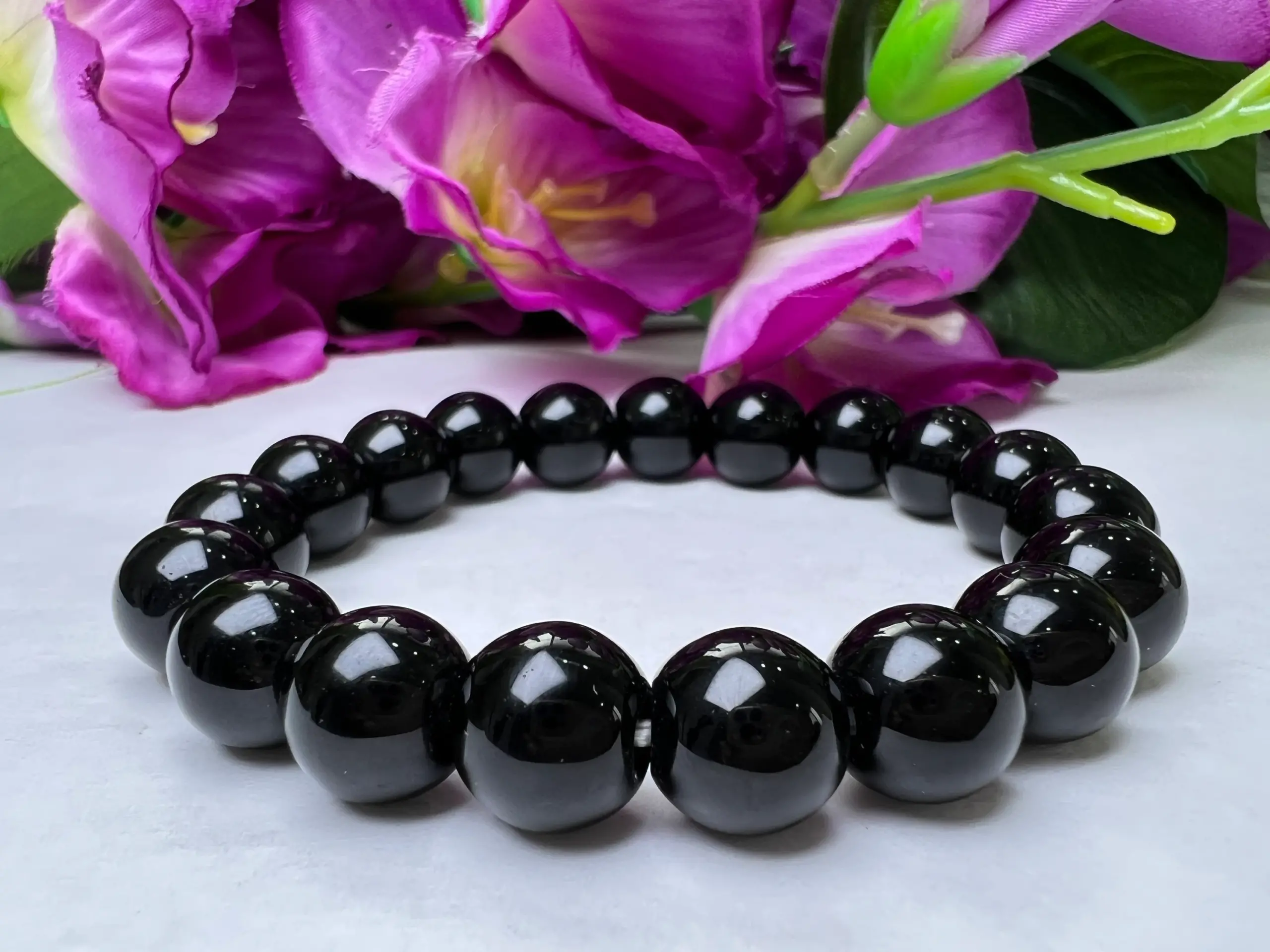 12 MM Black Onyx Round Beaded Bracelet Stretch Bracelet