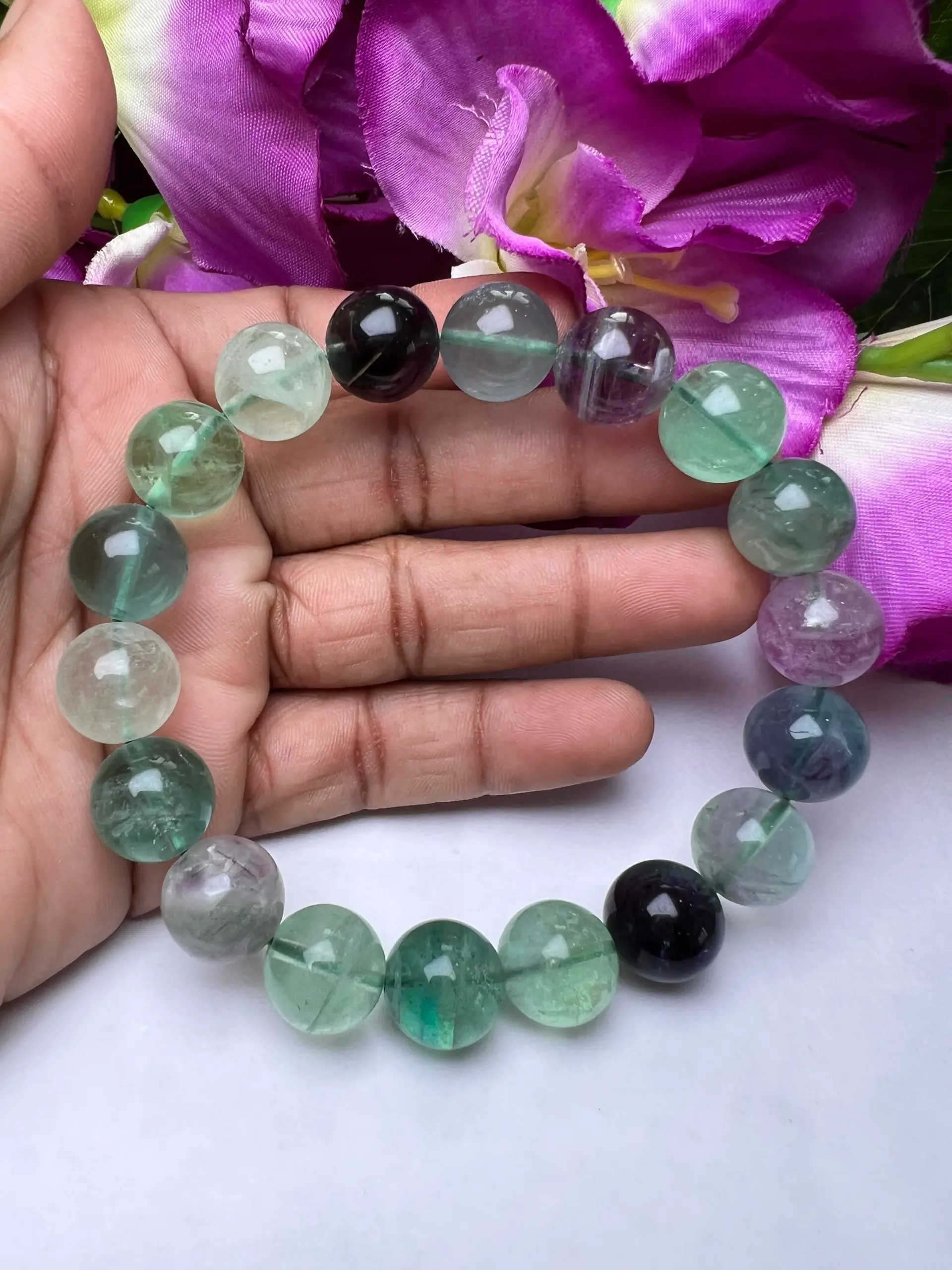 Fluorite Round Beaded Bracelet 12 MM Stretch Bracelet