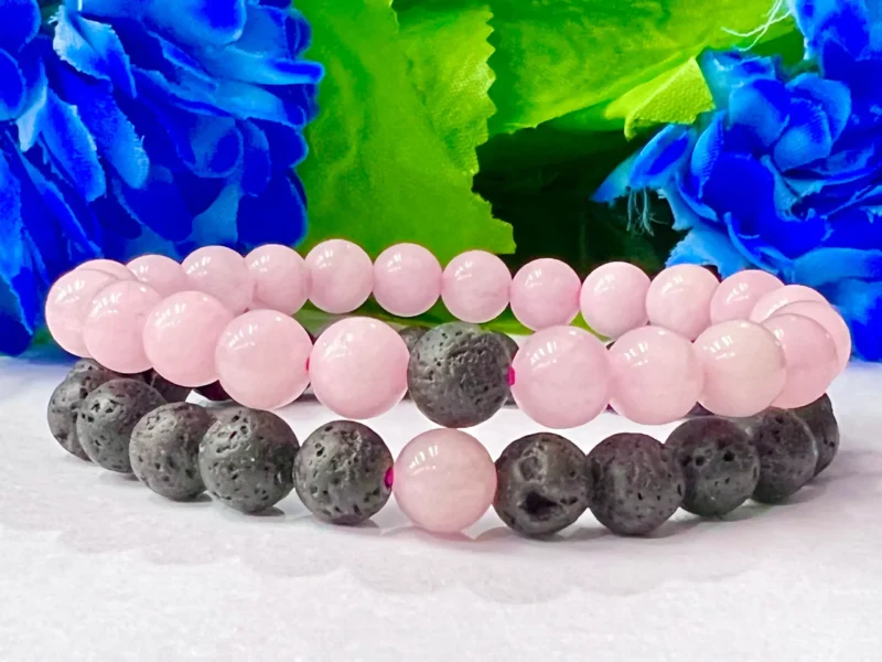 Lava & Rose Quartz Stone Bracelet Round Beaded 8 MM Couple Bracelet His Hers Couples Matching Set, 2-Pieces, Gift Bracelet