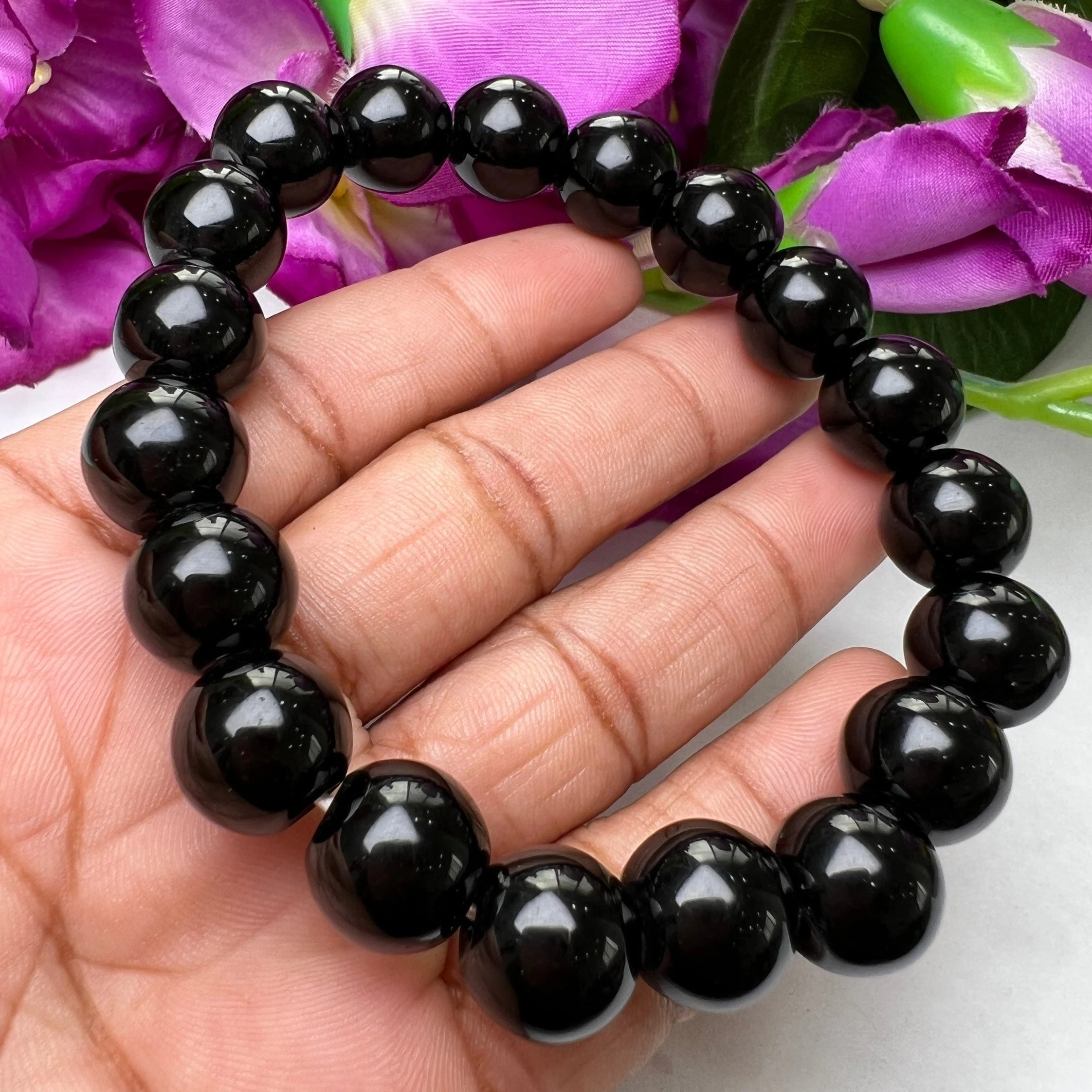 12 MM Black Onyx Round Beaded Bracelet Stretch Bracelet - Image 10