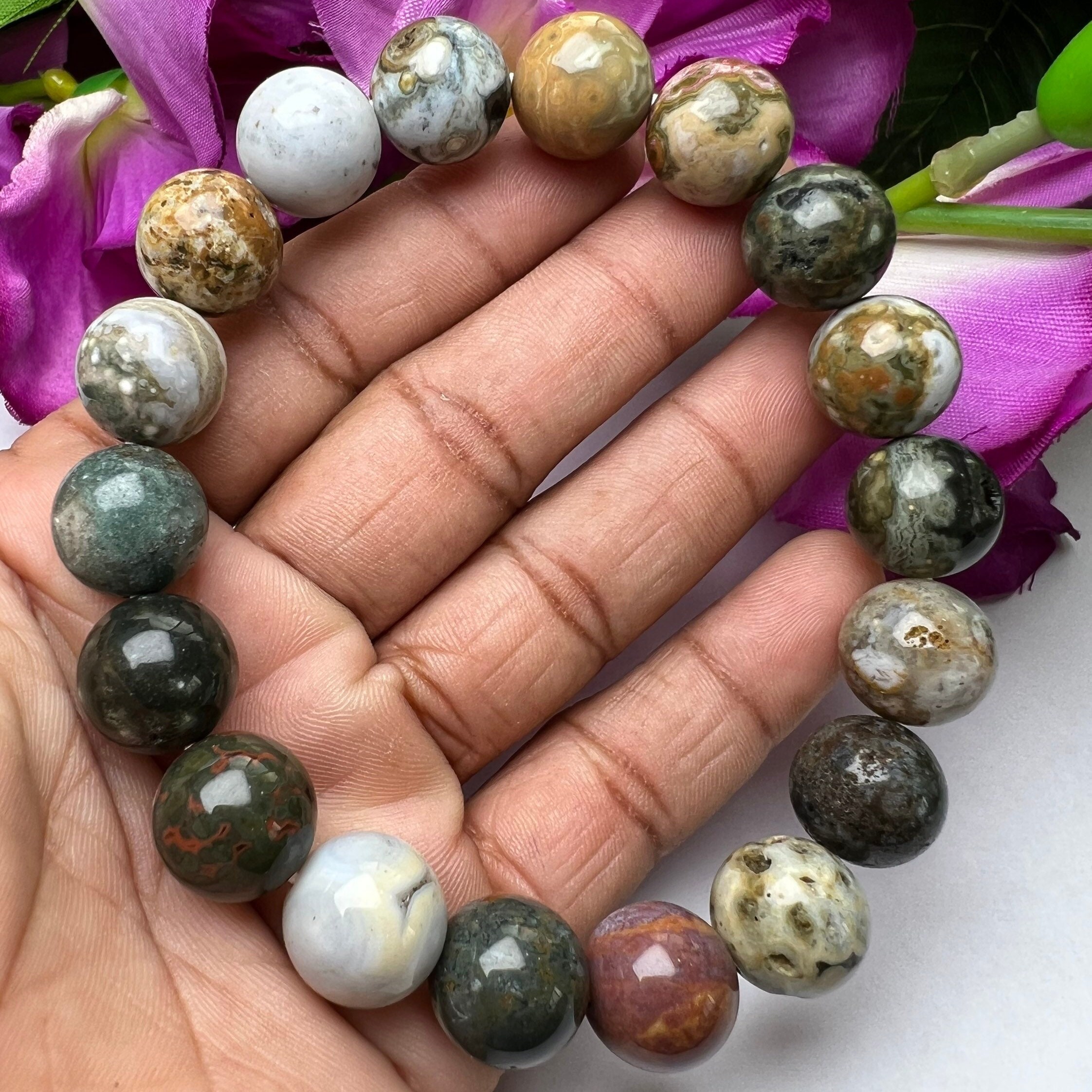 Ocean Jasper Round Beaded Bracelet 12 MM Stretch Bracelet