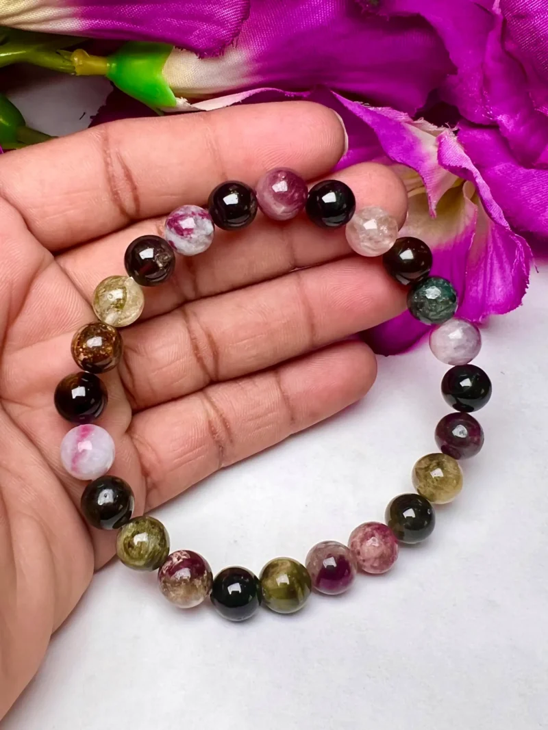 Watermelon Tourmaline Stone Round Beaded  Bracelet 8 MM Stretch Bracelet - Image 2