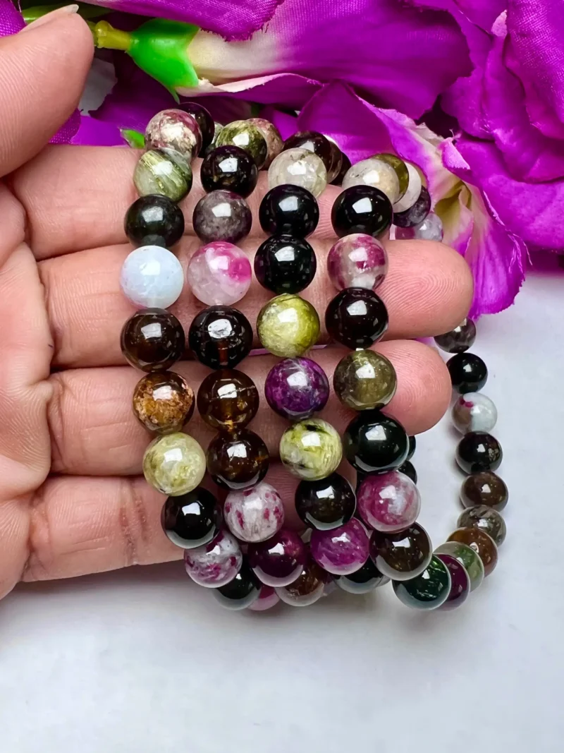 Watermelon Tourmaline Stone Round Beaded  Bracelet 8 MM Stretch Bracelet - Image 4