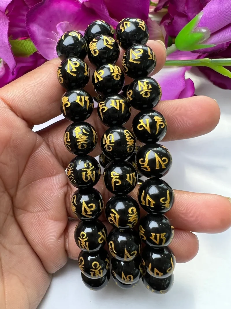 Om Mani Padme Hum Black Obsidian Stone Tibetan Round Beaded Bracelet 6 MM 8 MM 10 MM Stretch Bracelet - Image 2