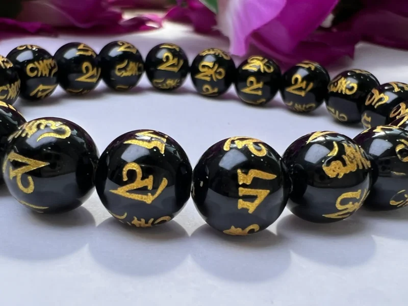 Om Mani Padme Hum Black Obsidian Stone Tibetan Round Beaded Bracelet 6 MM 8 MM 10 MM Stretch Bracelet - Image 3