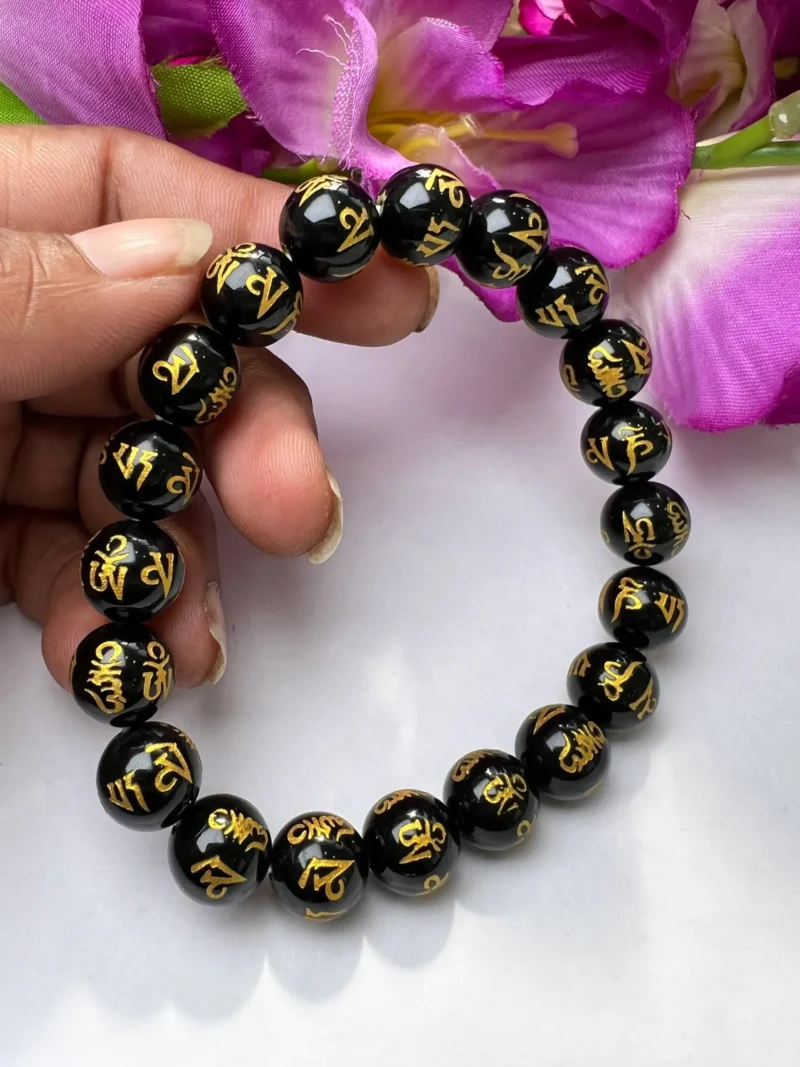 Om Mani Padme Hum Black Obsidian Stone Tibetan Round Beaded Bracelet 6 MM 8 MM 10 MM Stretch Bracelet - Image 4