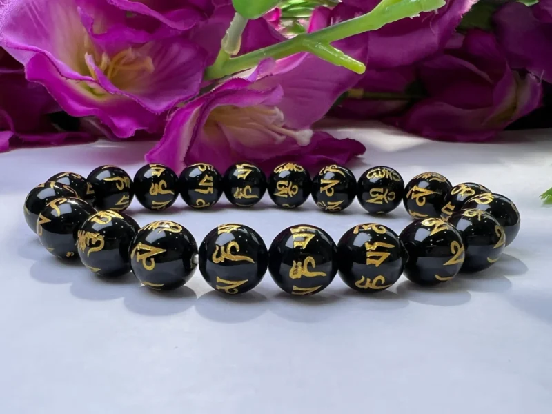 Om Mani Padme Hum Black Obsidian Stone Tibetan Round Beaded Bracelet 6 MM 8 MM 10 MM Stretch Bracelet - Image 5