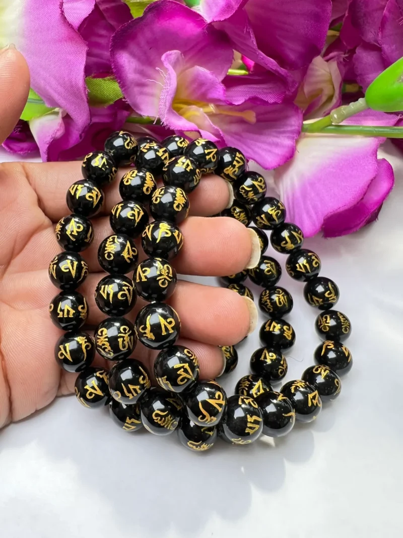 Om Mani Padme Hum Black Obsidian Stone Tibetan Round Beaded Bracelet 6 MM 8 MM 10 MM Stretch Bracelet - Image 6