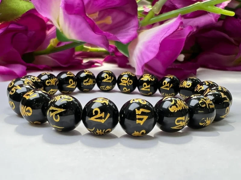Om Mani Padme Hum Black Obsidian Stone Tibetan Round Beaded Bracelet 6 MM 8 MM 10 MM Stretch Bracelet - Image 7