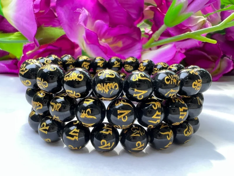 Om Mani Padme Hum Black Obsidian Stone Tibetan Round Beaded Bracelet 6 MM 8 MM 10 MM Stretch Bracelet
