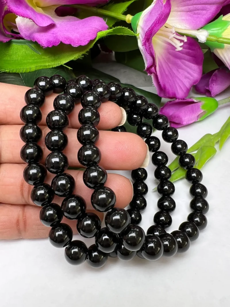 Black  Stone Round Beaded Bracelet 8 MM Stretch Bracelet - Image 3