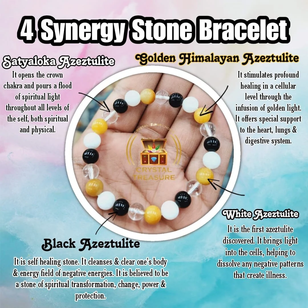 4 Synergy Stone Bracelet-Satyaloka  Stone ,White Azeztulite Stone ,Golden Himalayan Azeztulite Stone And Black Azeztulite Stone