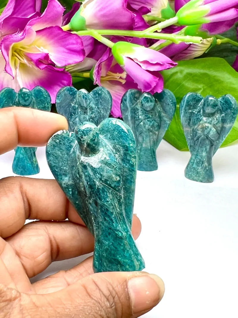 Neon Blue Apatite Stone 2 inch free standing guardian angel crystal Reiki energy blessed hand carved Pocket Angel for angelic connection - Image 9
