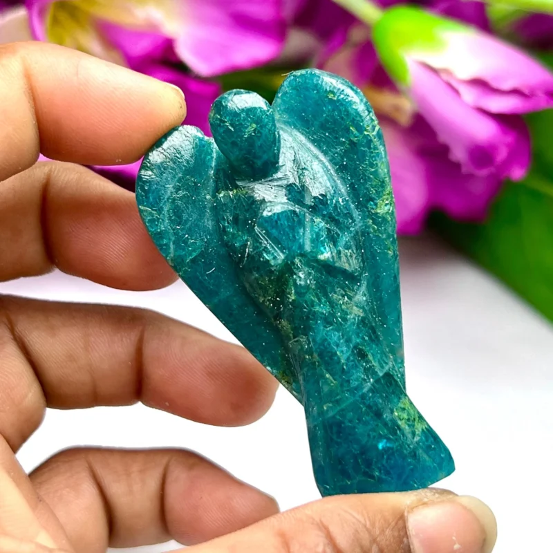 Neon Blue Apatite Stone 2 inch free standing guardian angel crystal Reiki energy blessed hand carved Pocket Angel for angelic connection - Image 2