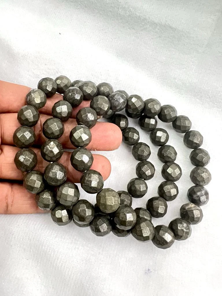 10 MM White Golden Pyrite Faceted Round  Cutting Round Beaded Bracelet Grade AAAAA+++++ Quality Stretch Bracelet