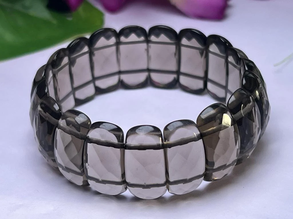 Smoky Quartz Stone Rectangle Beaded Bracelet 25 MM Stretch Bracelet