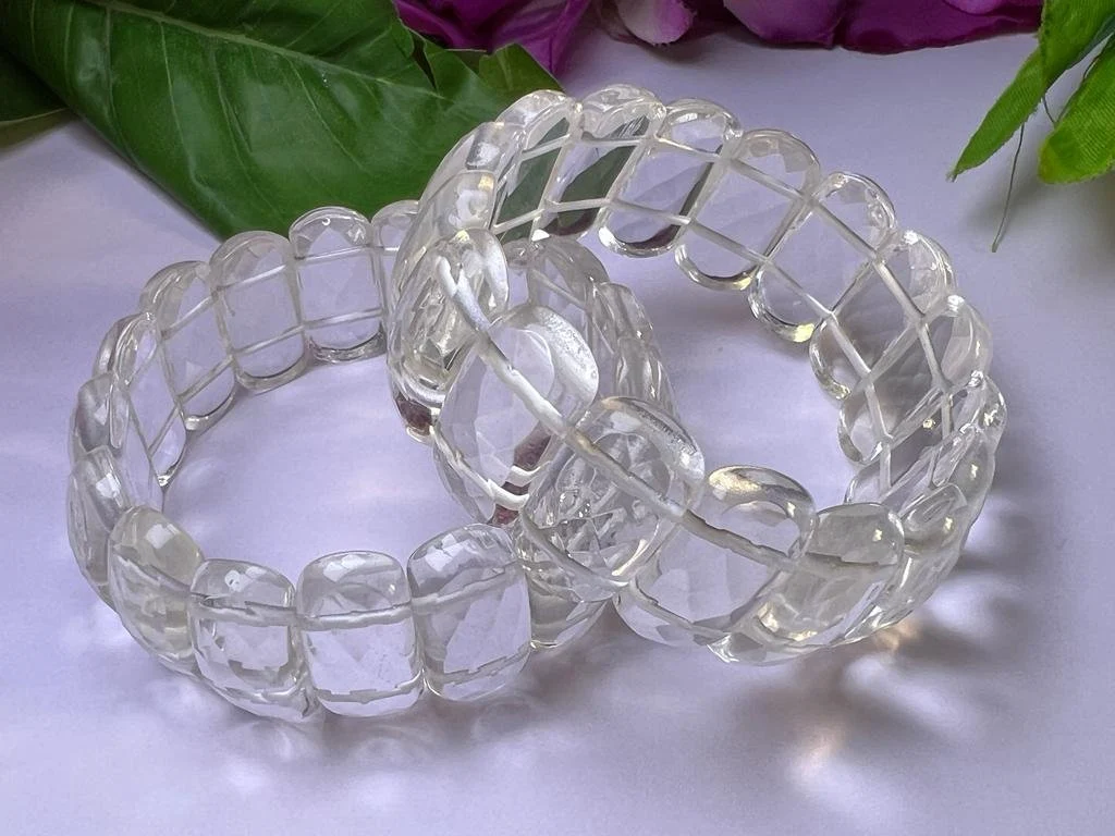 Himalyan Crystal Quartz Stone All Chakras Rectangle Beaded Bracelet 25 MM Stretch Bracelet - Image 2