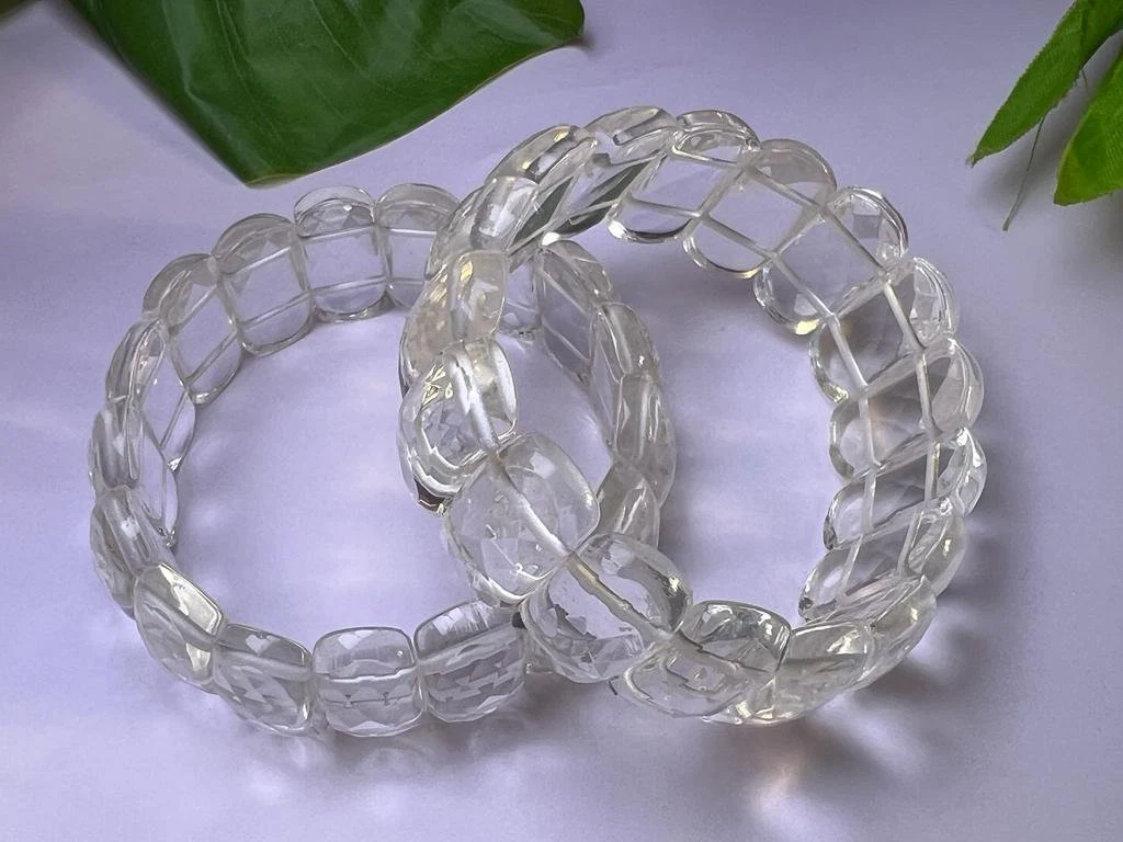 Himalyan Crystal Quartz Stone All Chakras Rectangle Beaded Bracelet 25 MM Stretch Bracelet - Image 4