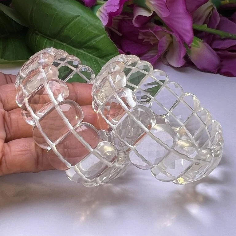 Himalyan Crystal Quartz Stone All Chakras Rectangle Beaded Bracelet 25 MM Stretch Bracelet - Image 5