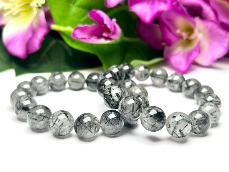 12 MM Black Tourmaline Rutile In Quartz Stone Round Beaded Stretch Bracelet - Image 3