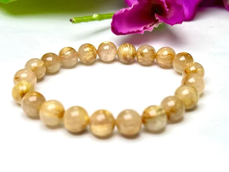 Golden Rutile Stone Round Beaded Bracelet 12 MM Stretch Bracelet - Image 7