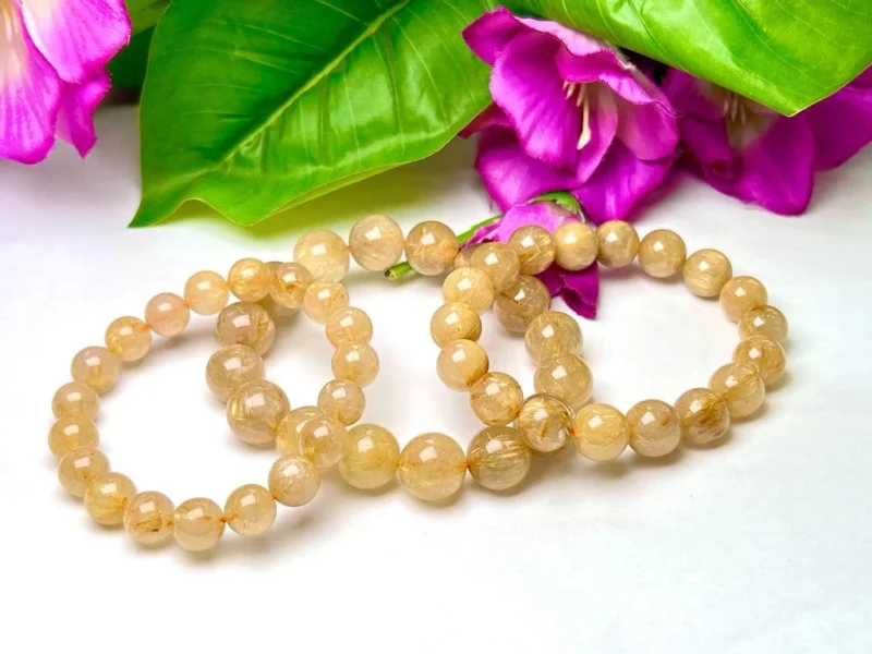 Golden Rutile Stone Round Beaded Bracelet 12 MM Stretch Bracelet - Image 8