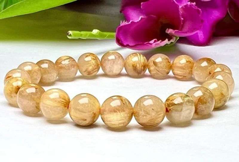 Golden Rutile Stone Round Beaded Bracelet 12 MM Stretch Bracelet - Image 10