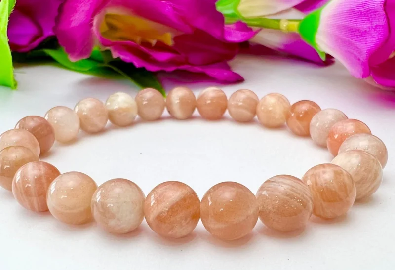 Peach MoonStone Round Beaded Bracelet 8 MM Stretch Bracelet