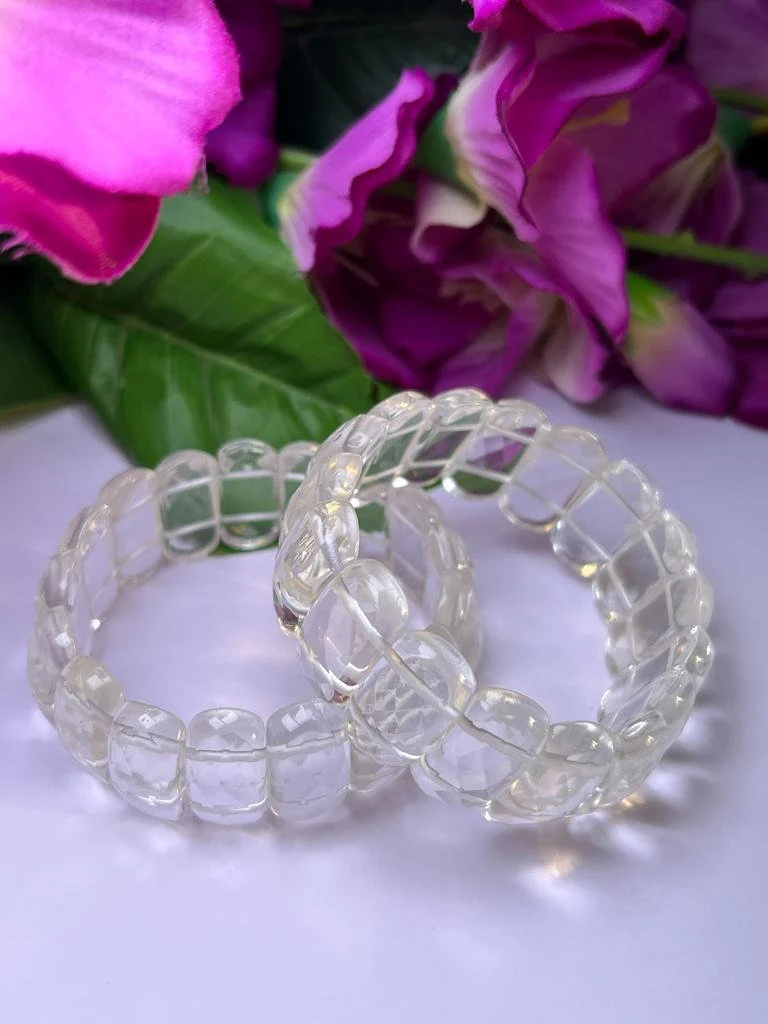 Himalyan Crystal Quartz Stone All Chakras Rectangle Beaded Bracelet 25 MM Stretch Bracelet - Image 7