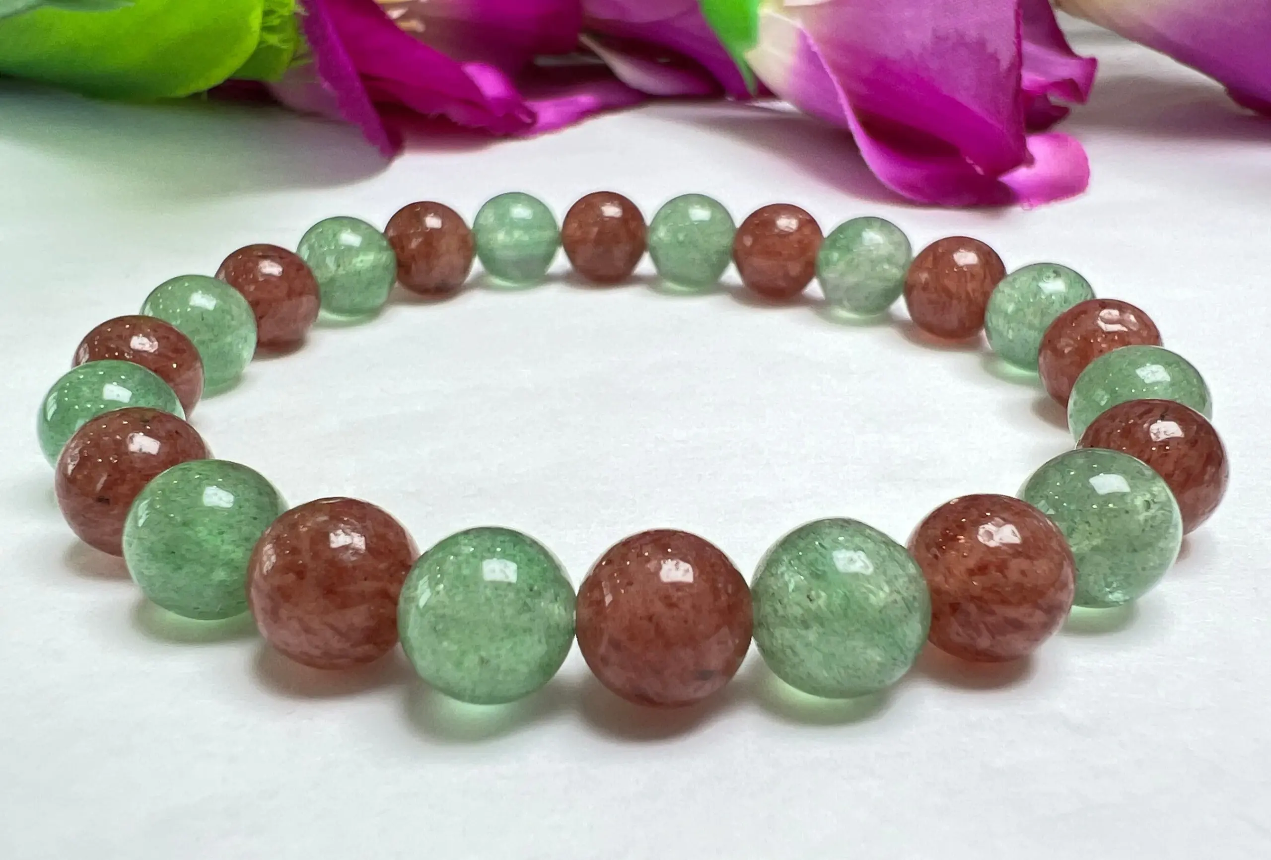Green And Red Strawberry Quartz Round Beaded Bracelet 8 MM Stretch Bracelet