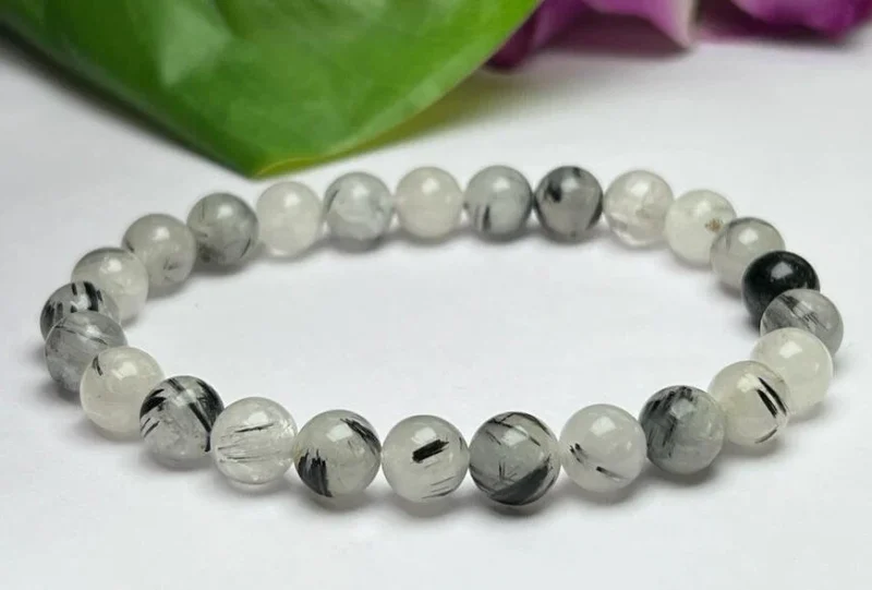 Tourmalinated Quartz Stone Round Beaded Bracelet 8 MM Stretch Bracelet