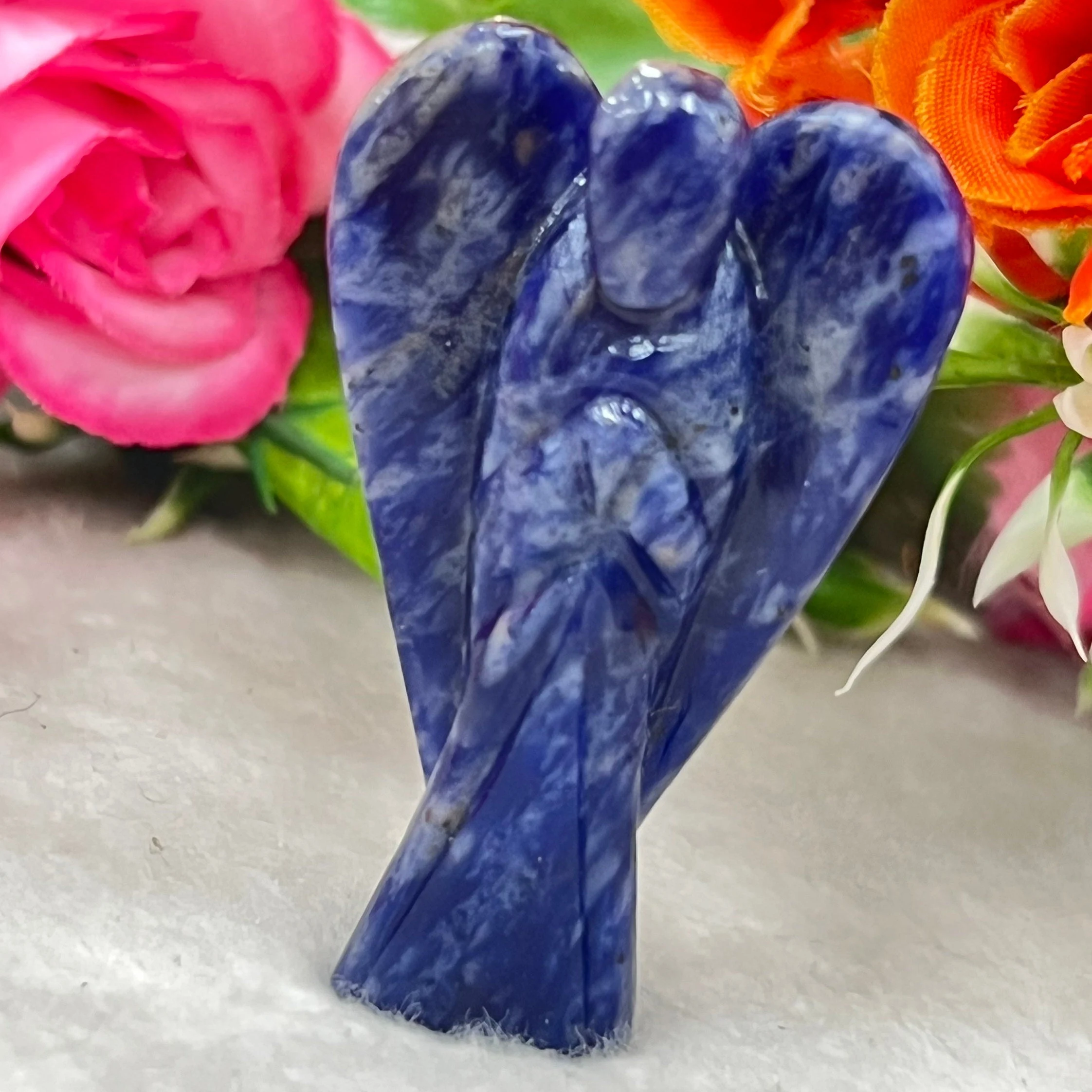Sodalite Stone 2 inch free standing guardian angel crystal Reiki energy blessed hand carved Pocket Angel for angelic connection