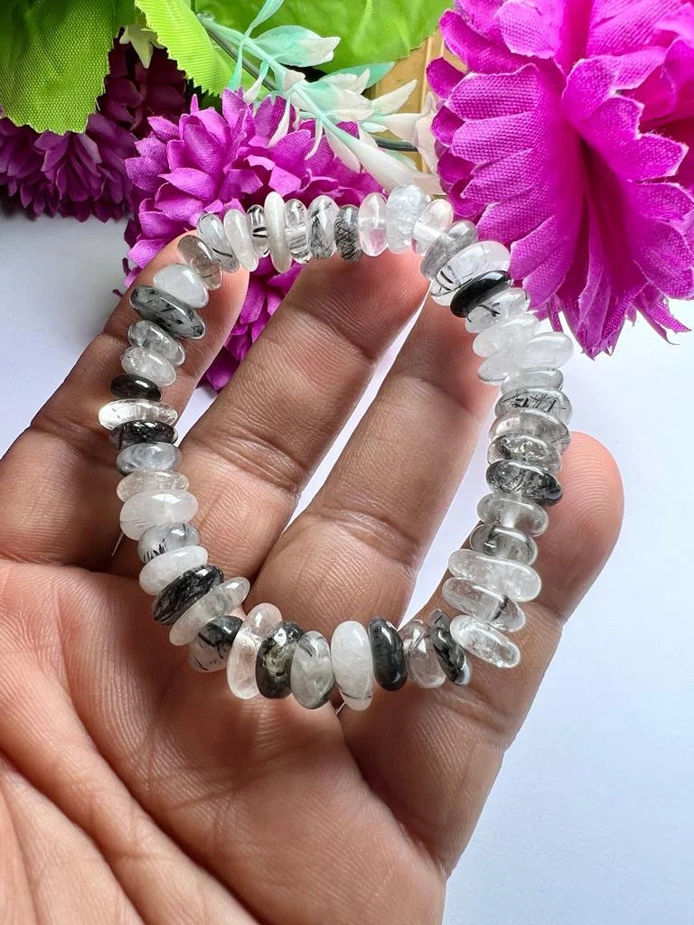 Black Rutilated Quartz Stone Chip Stretch Bracelet for Depression Or Any Kind Of life Trauma
