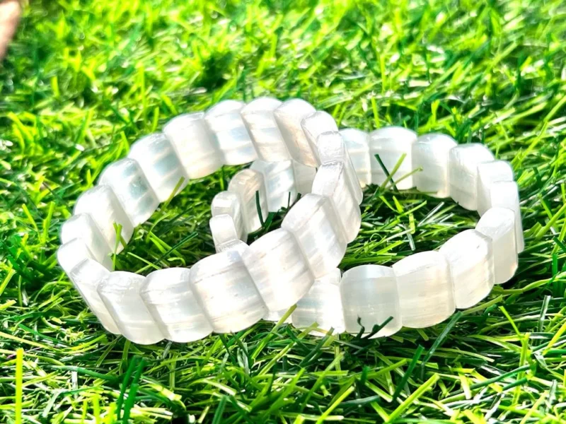 Selenite Stone Rectangle Beaded Bracelet 20 MM Stretch Bracelet - Image 2