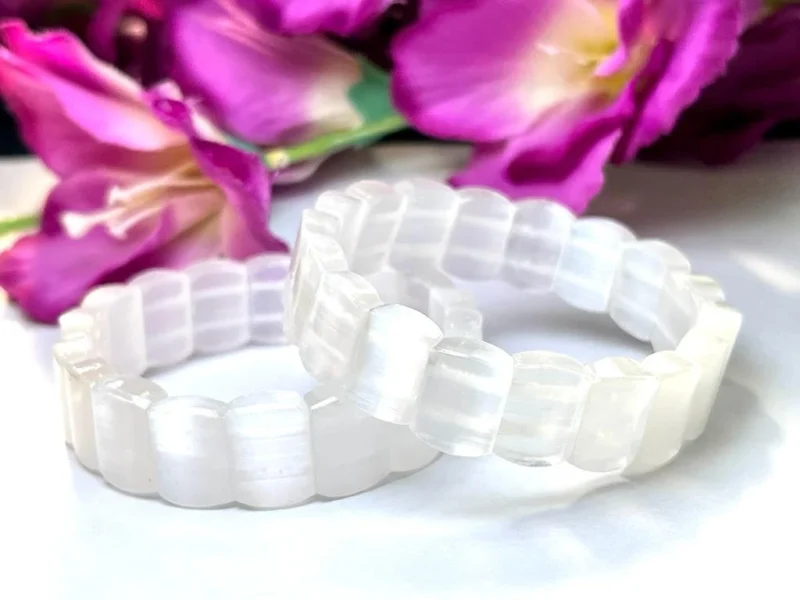 Selenite Stone Rectangle Beaded Bracelet 20 MM Stretch Bracelet - Image 5