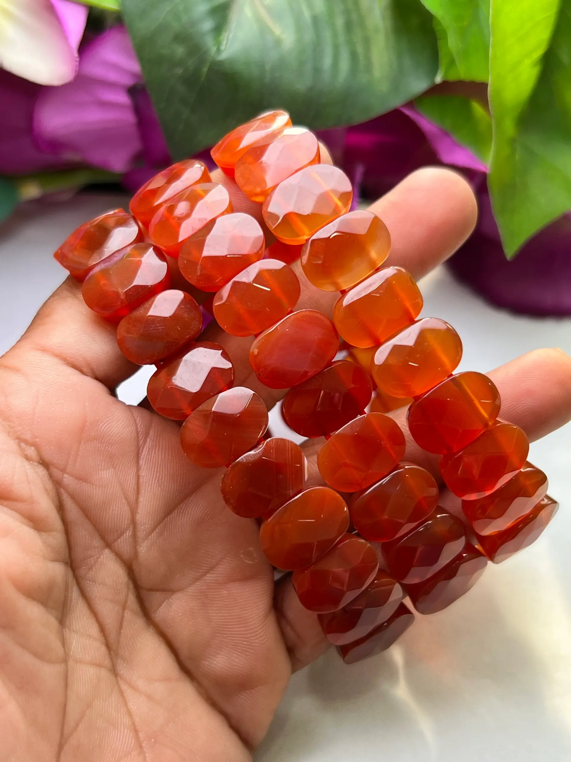 Red Carnoline Rectangle Beaded Bracelet 15 MM Stretch Bracelet - Image 3