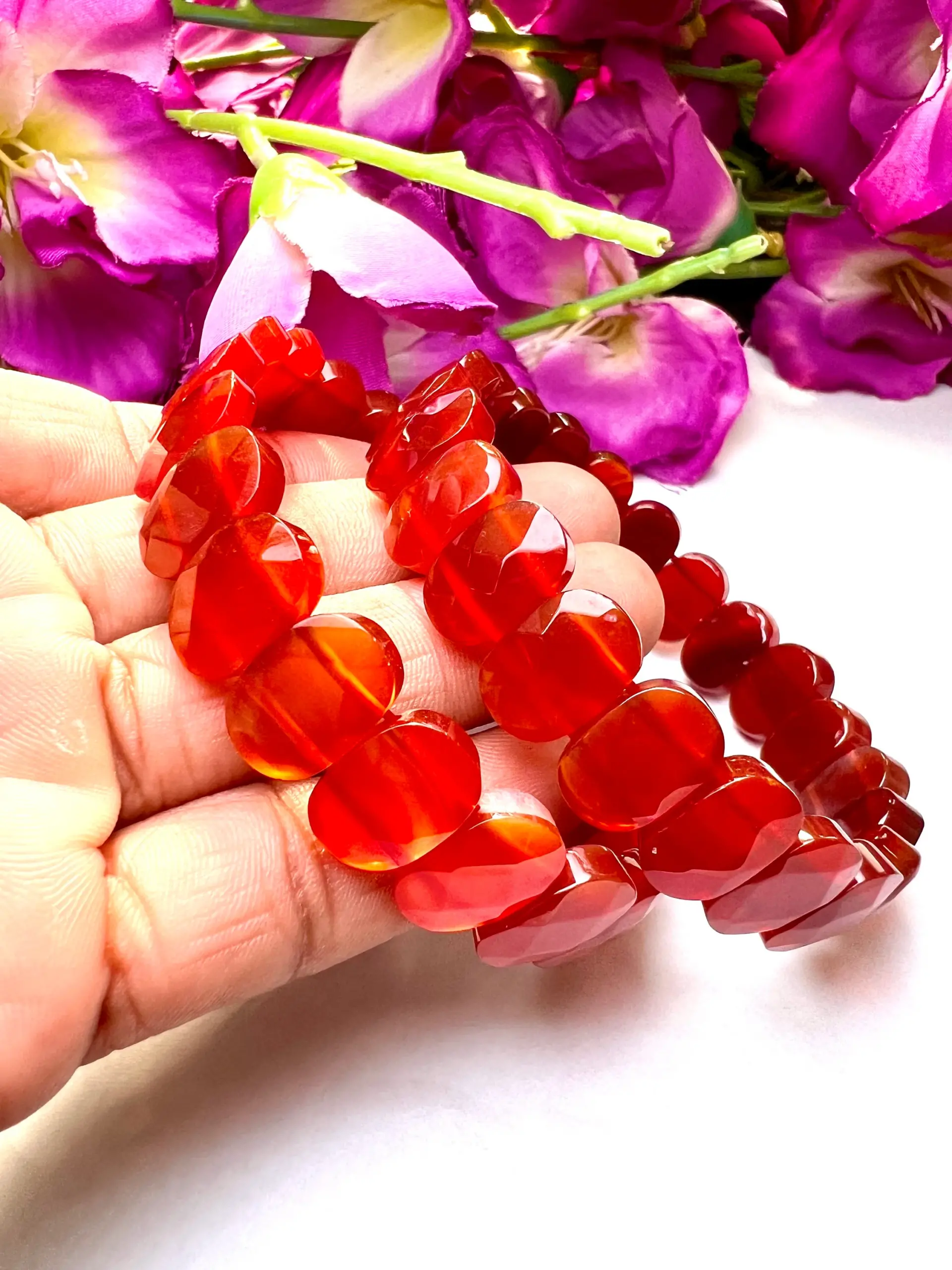 Red Carnoline Rectangle Beaded Bracelet 15 MM Stretch Bracelet - Image 9